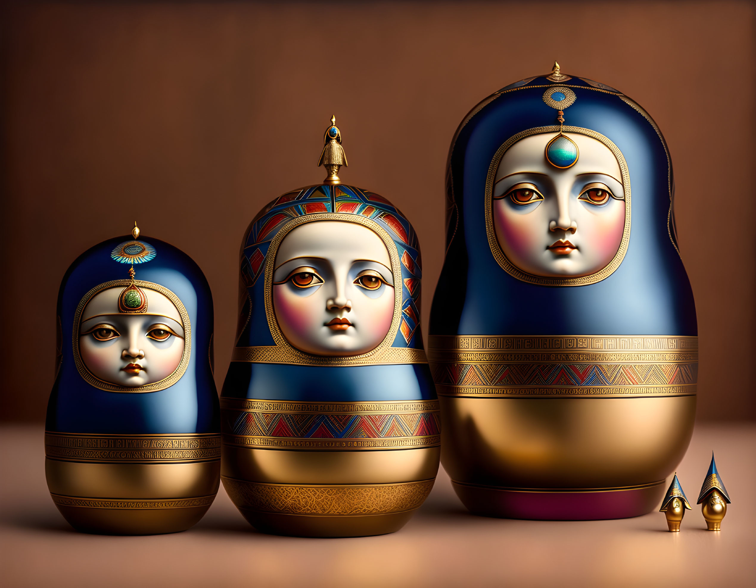 Intricate ornate matryoshka dolls on brown background