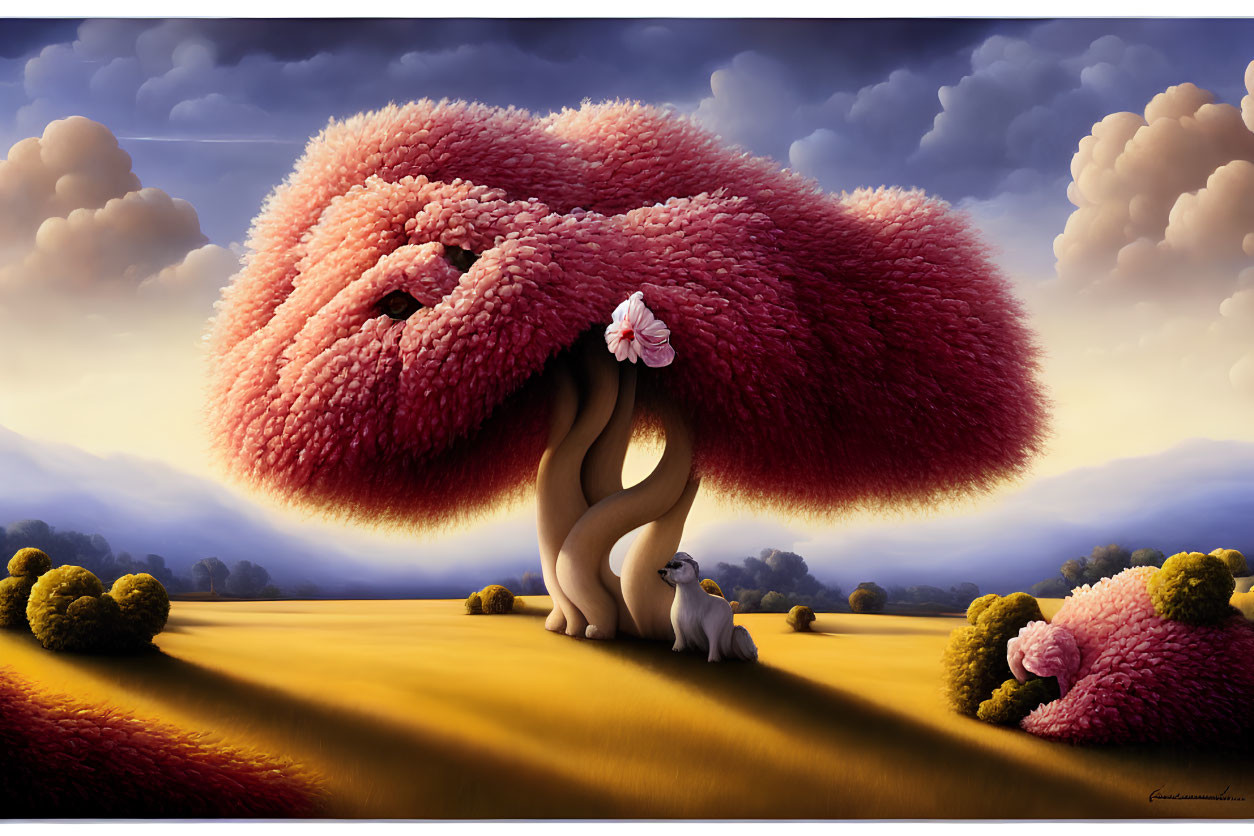 Whimsical painting of fluffy pink tree and bushes under serene sky