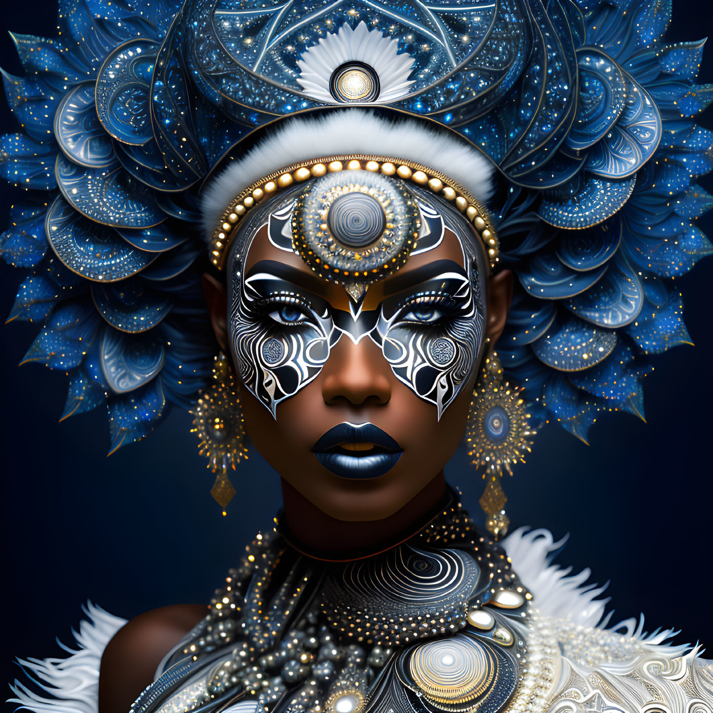 Detailed digital artwork of woman with ornate headpiece and facial markings