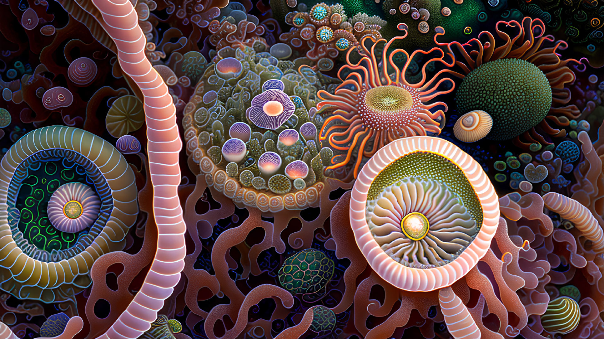 Abstract digital artwork: Vibrant marine life patterns with tentacle-like structures and colorful coral textures