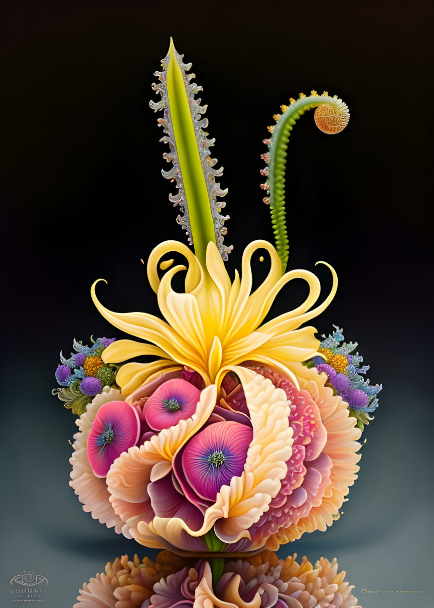 Vibrant surreal artwork with yellow tendrils and purple flowers