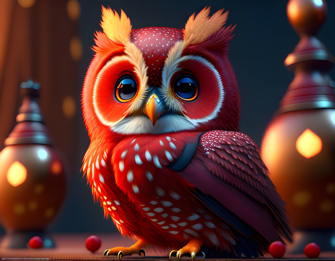 Colorful 3D illustration of whimsical owl in ambient setting