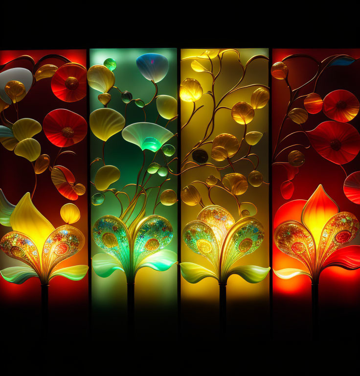 Artistic illuminated flowers in vibrant vertical panels.