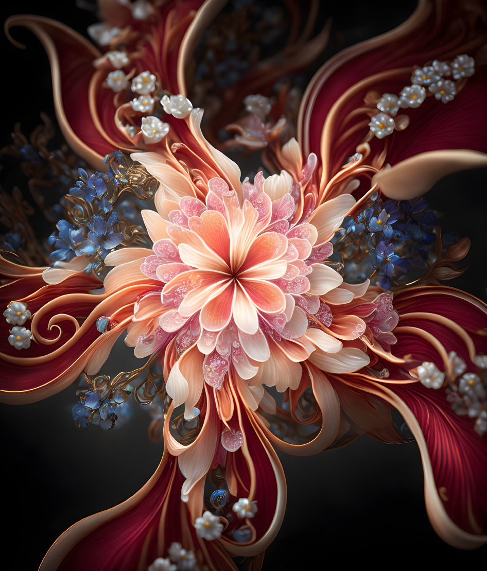 Peach-colored bloom surrounded by maroon and blue flowers on dark background