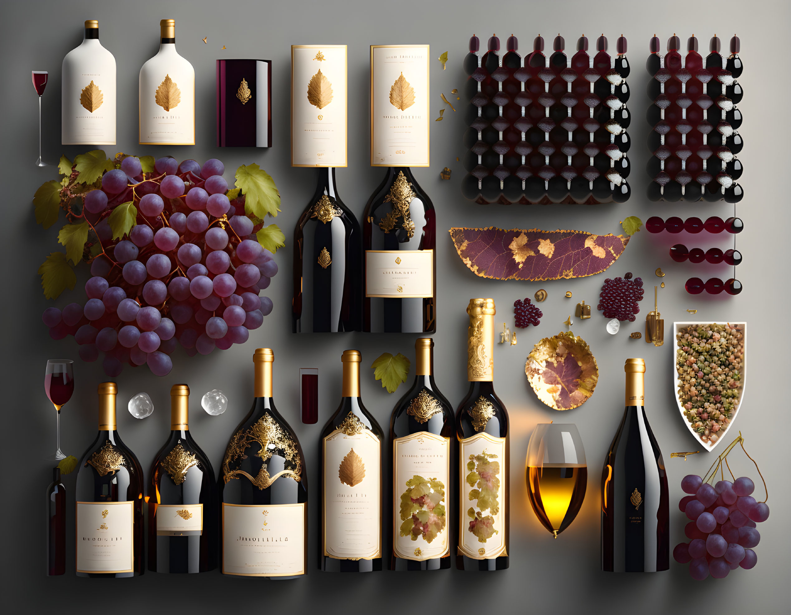 Variety of wine bottles, glasses, grapes, and corks on flat surface