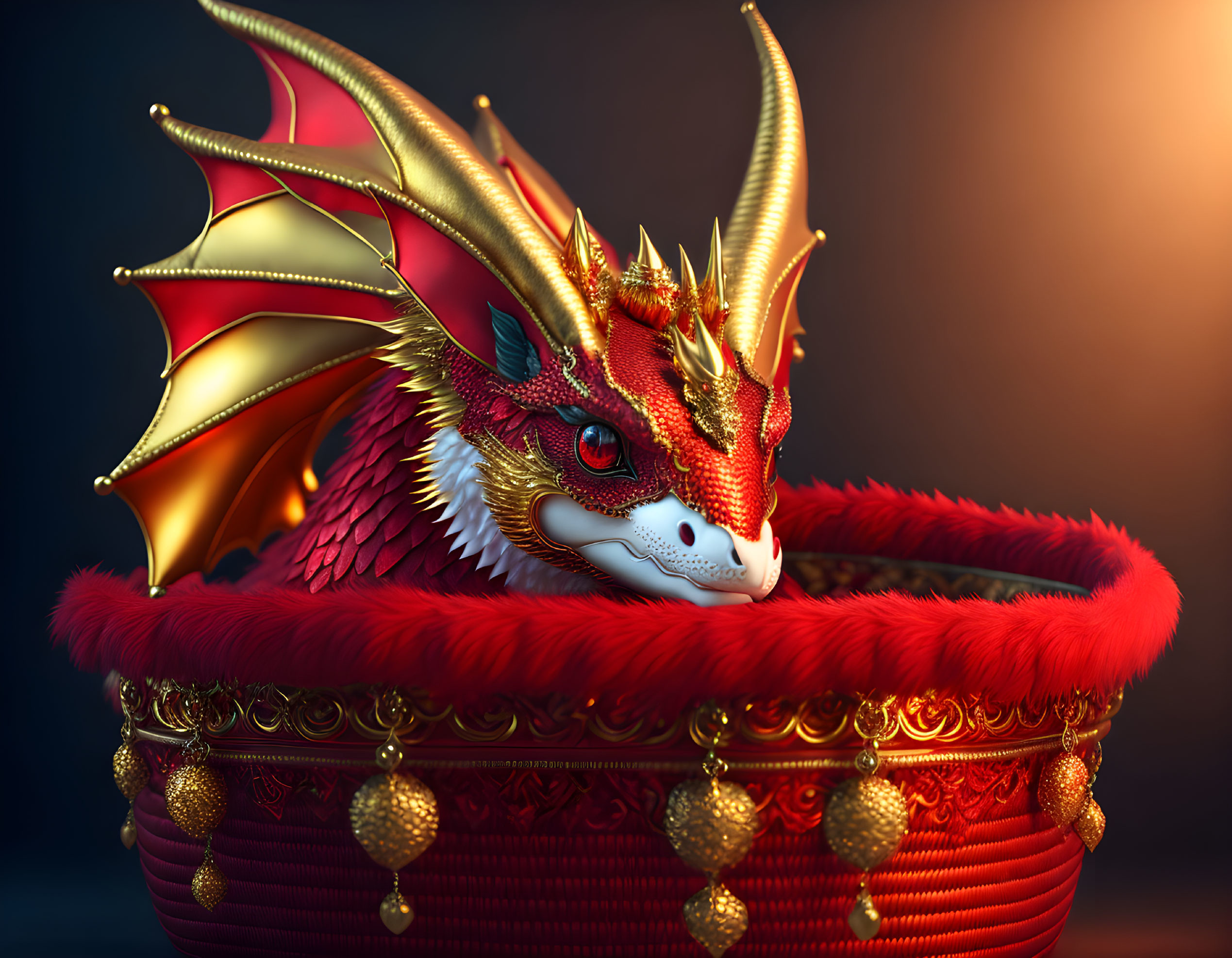 Red and Gold Dragon in Luxurious Basket on Dark Background