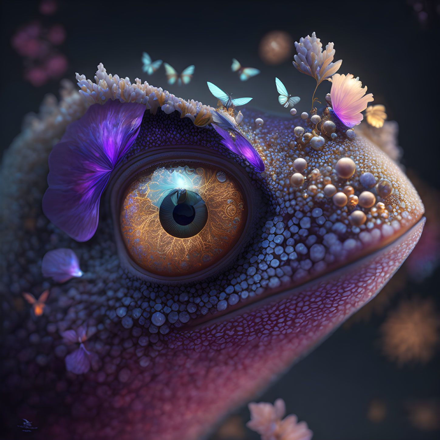 Detailed whimsical frog illustration with flowers, butterflies, and vivid eye