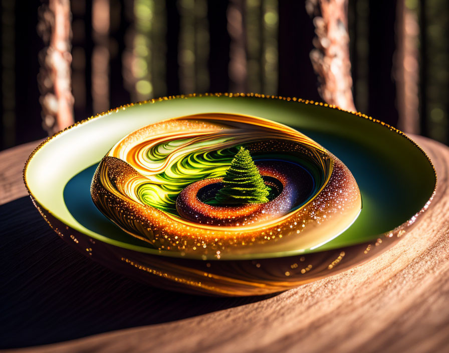 Fractal Christmas tree on reflective plate with colorful background