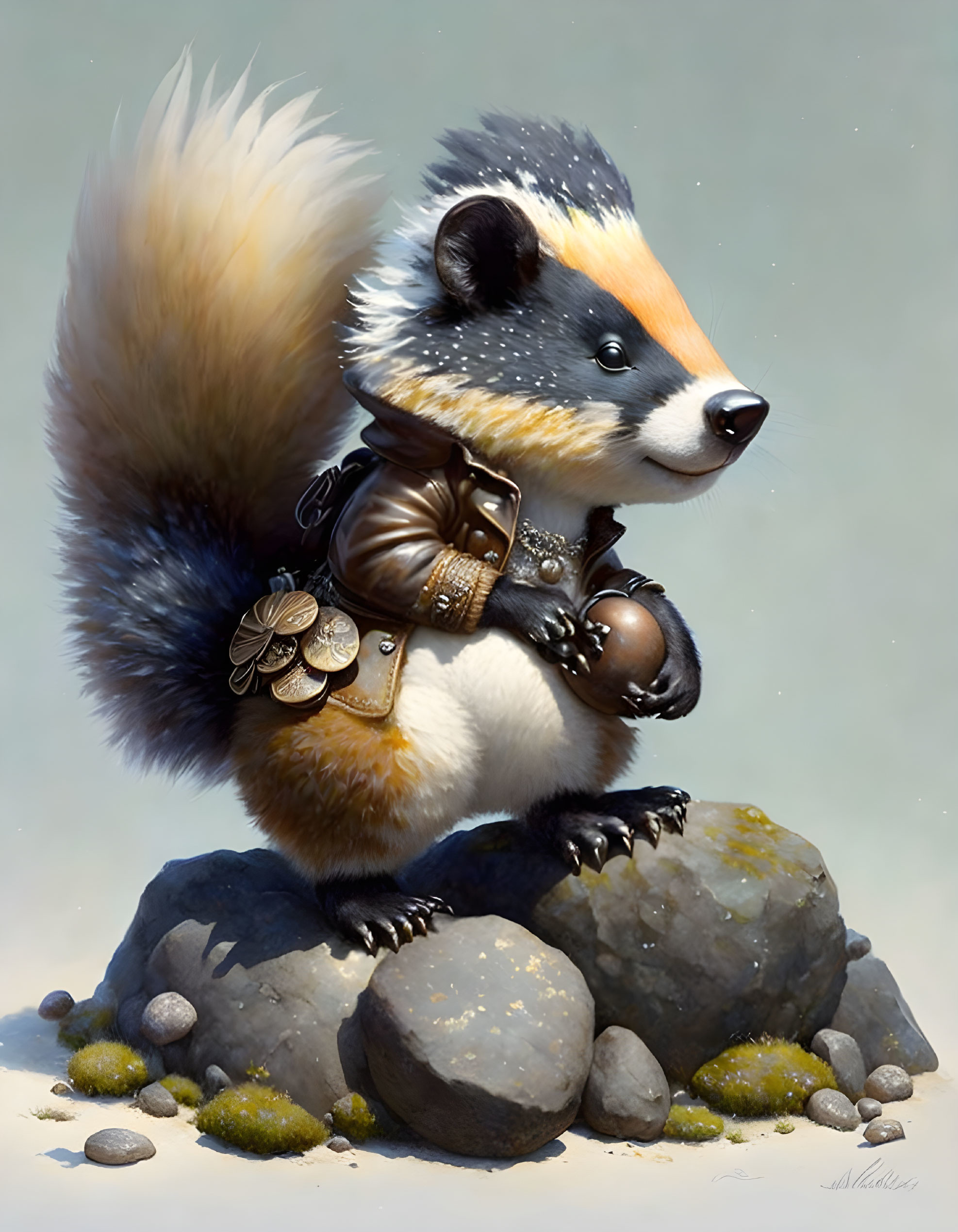 Fantasy anthropomorphic skunk in leather jacket on rocky ground