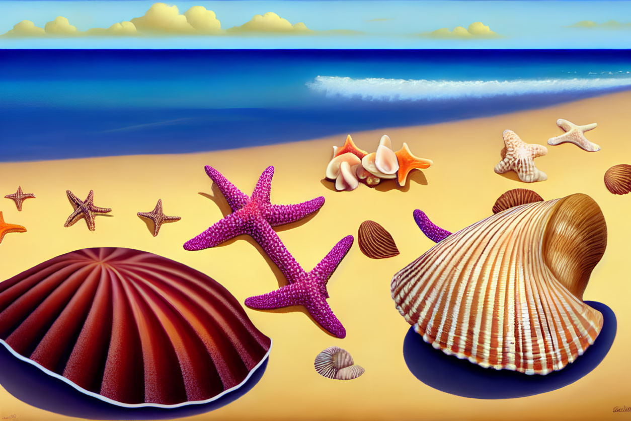 Seashells and Starfish on Vibrant Beachscape