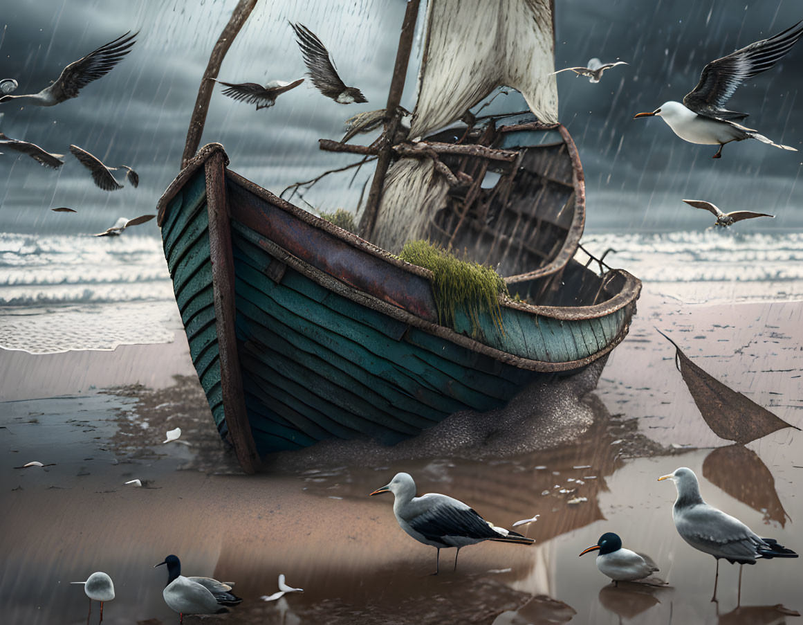 Abandoned boat with seagulls on rainy beach and shipwreck in background