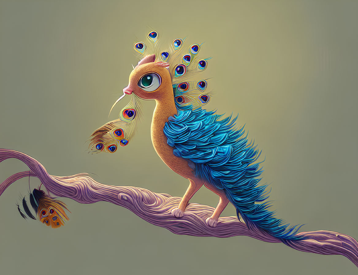 Cat-headed peacock creature perched on branch with vibrant tail feathers and butterfly.