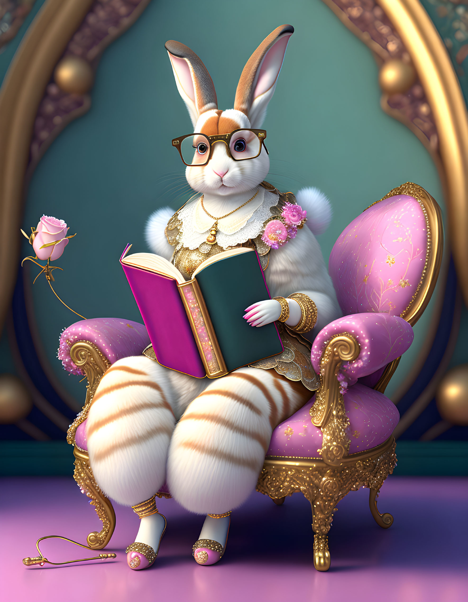 Anthropomorphic rabbit in elegant attire with open book and pink rose