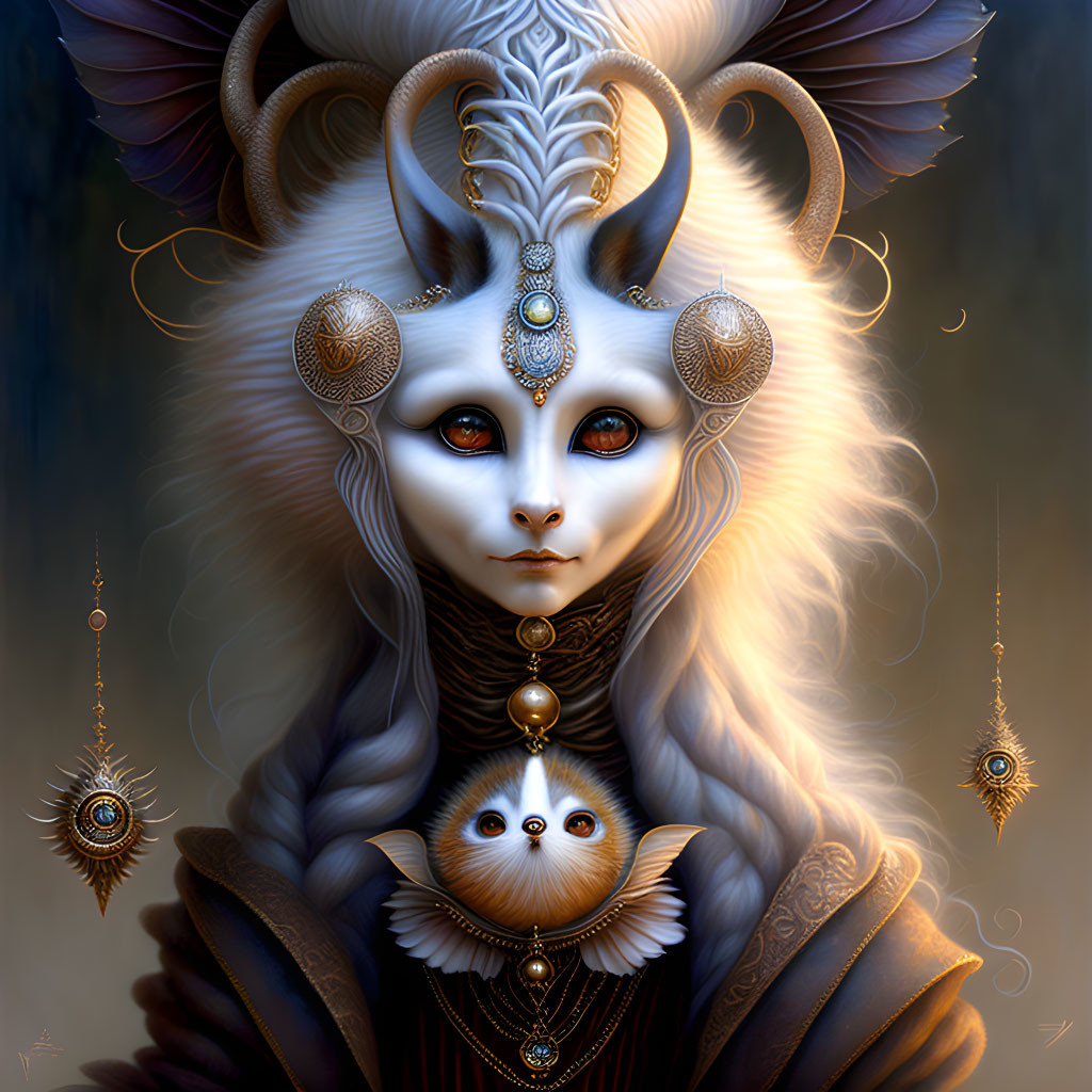 Fantasy artwork featuring creature with ram-like horns, owl, jewelry, and regal cloak