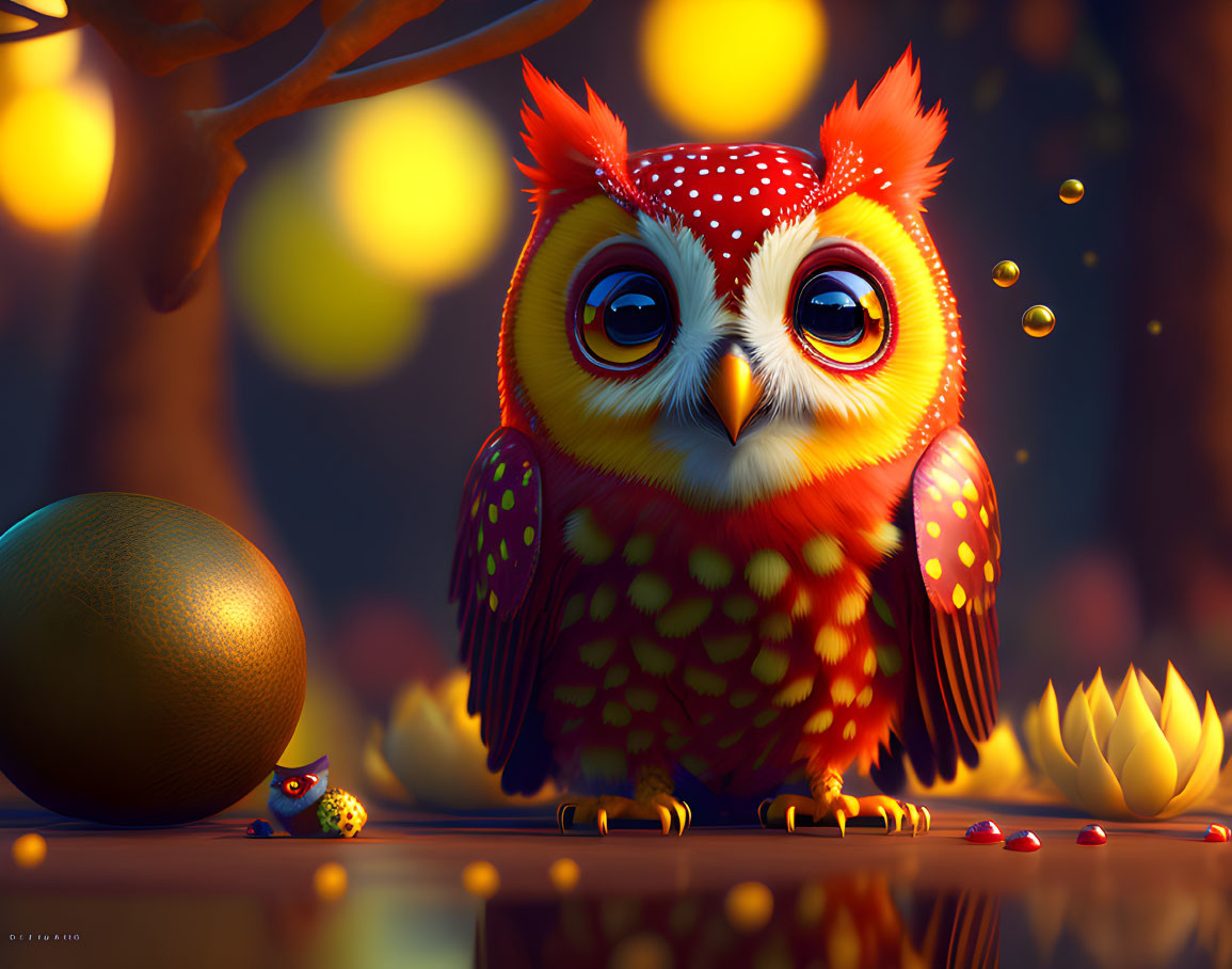 Colorful Stylized Owl Illustration with Glowing Lights, Ladybug, and Orange Fruit