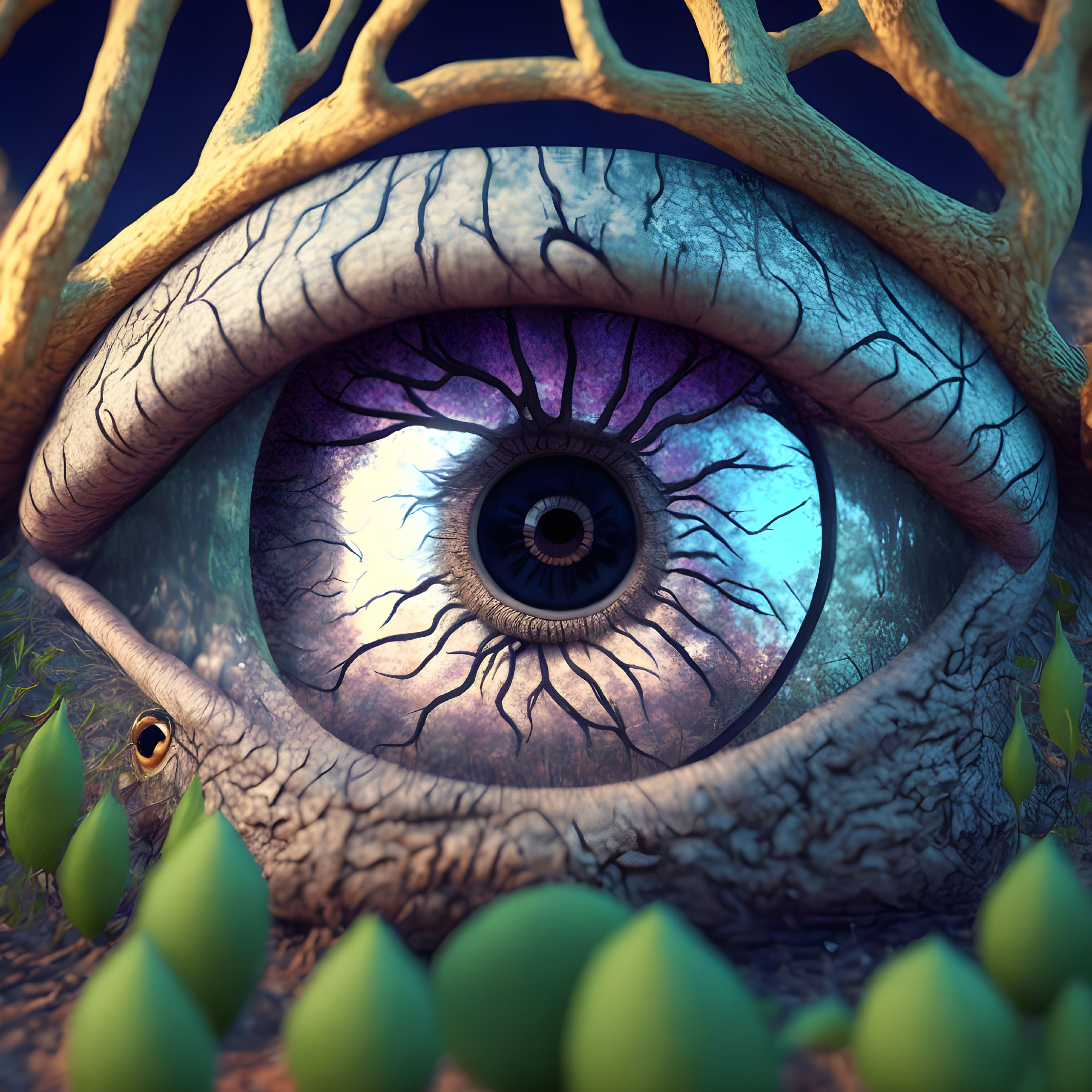 Detailed blue eye in fantastical landscape with green creatures.