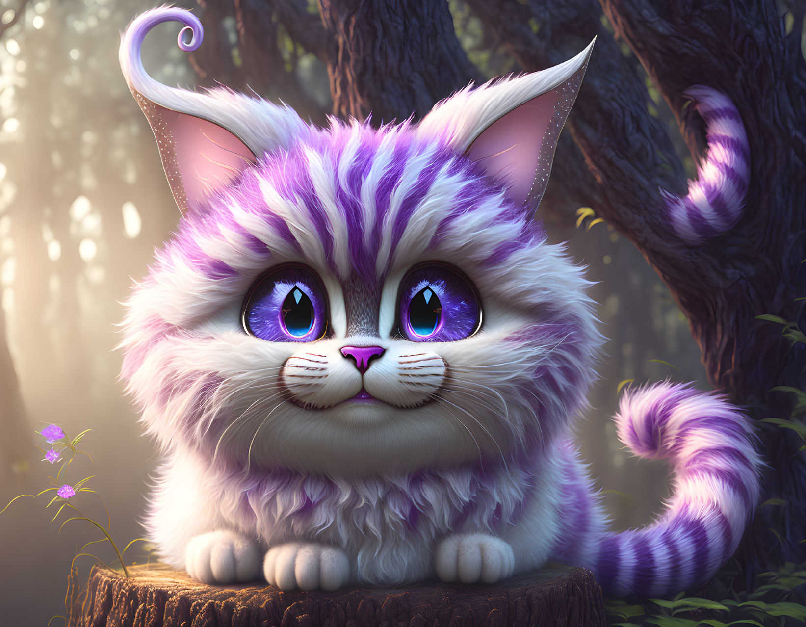 Fluffy Purple and White Animated Cat in Mystical Forest