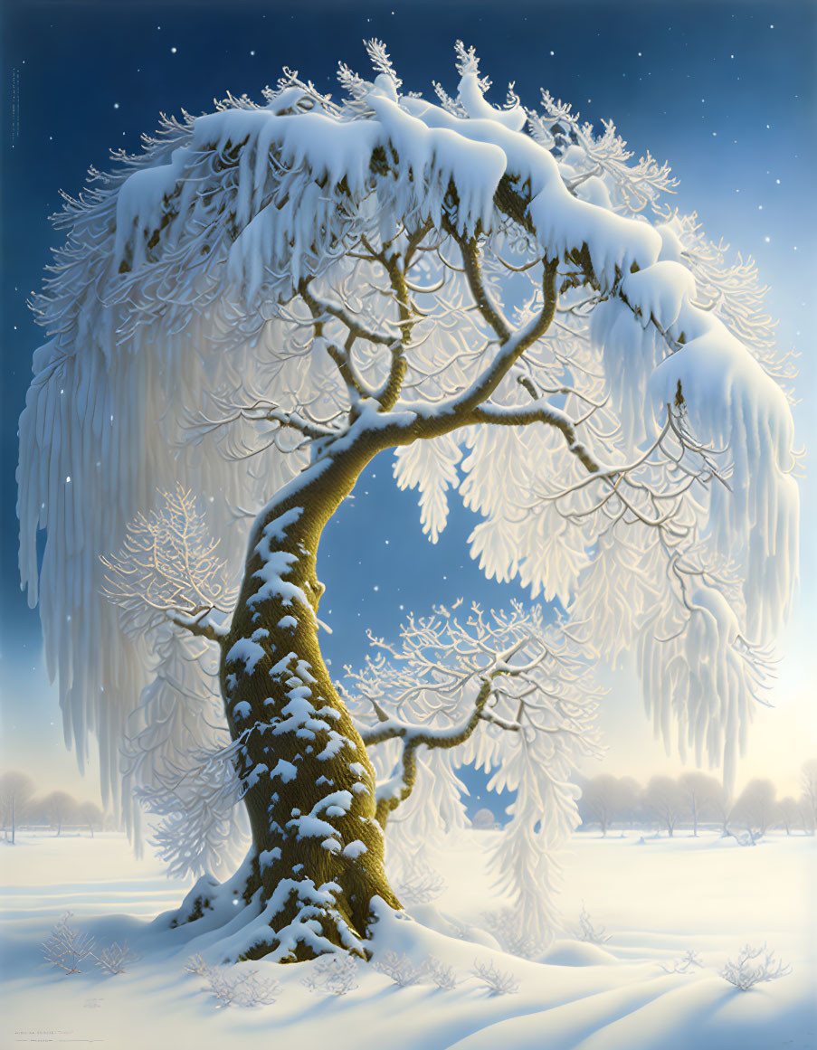 Snow-covered tree and icicles in winter night illustration