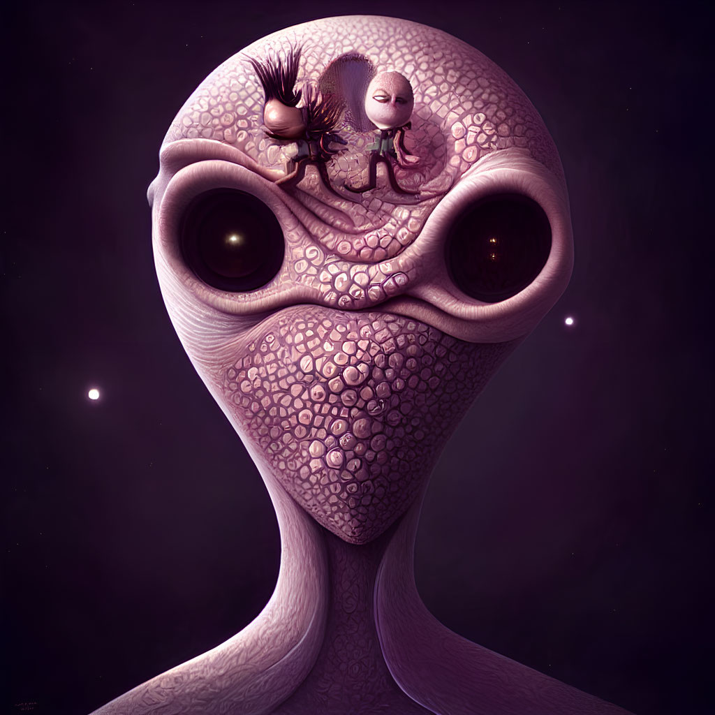 Whimsical creature with large eyes in cosmic setting