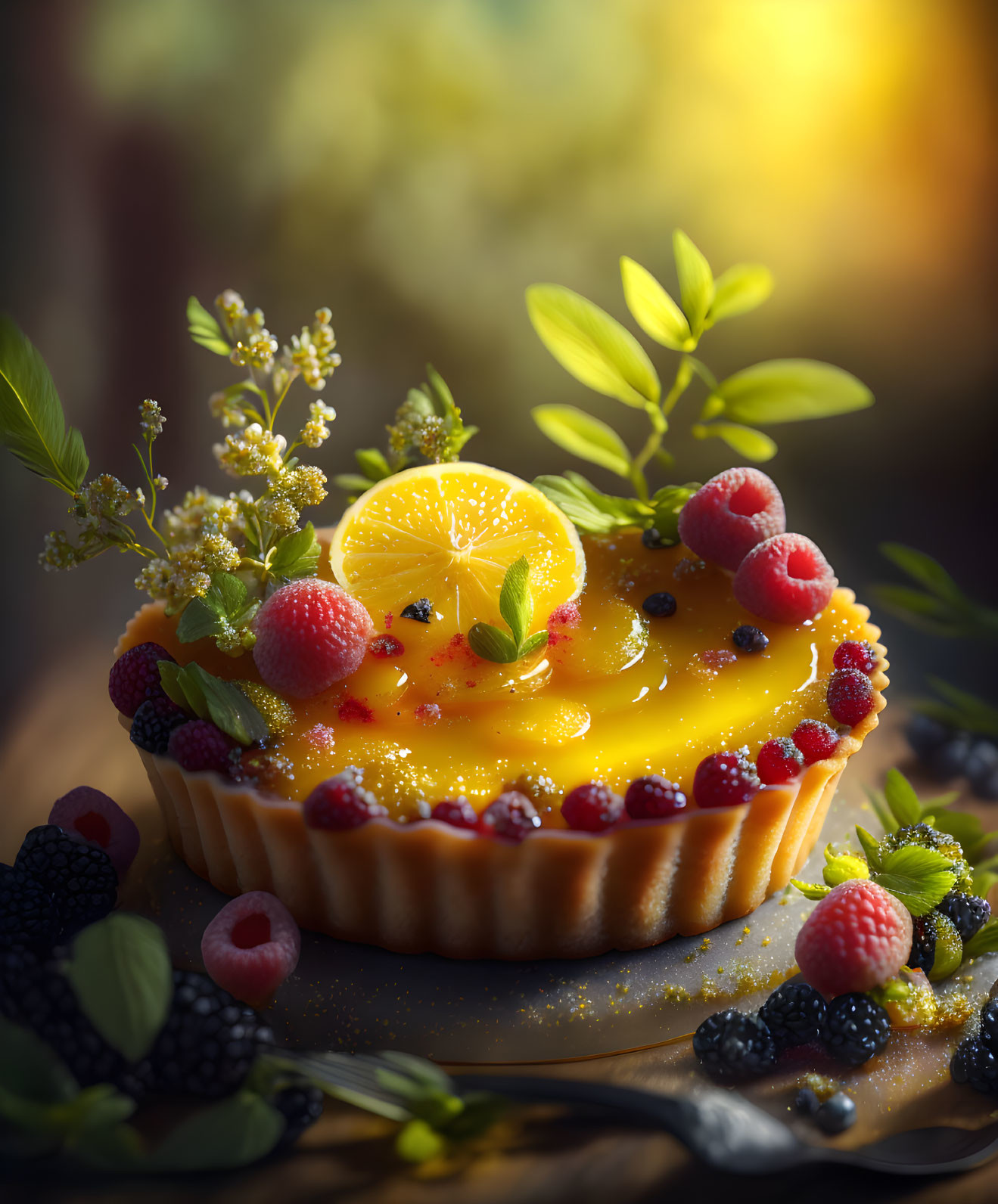 Colorful Lemon Tart with Fresh Berries and Mint Sprig in Soft-focus Sunlit Background