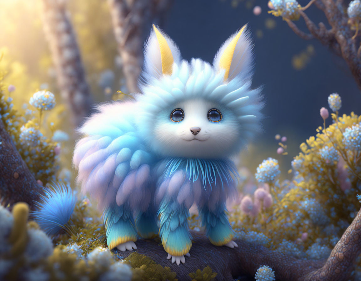 Blue and White Fur Creature with Feathered Wings in Enchanting Forest