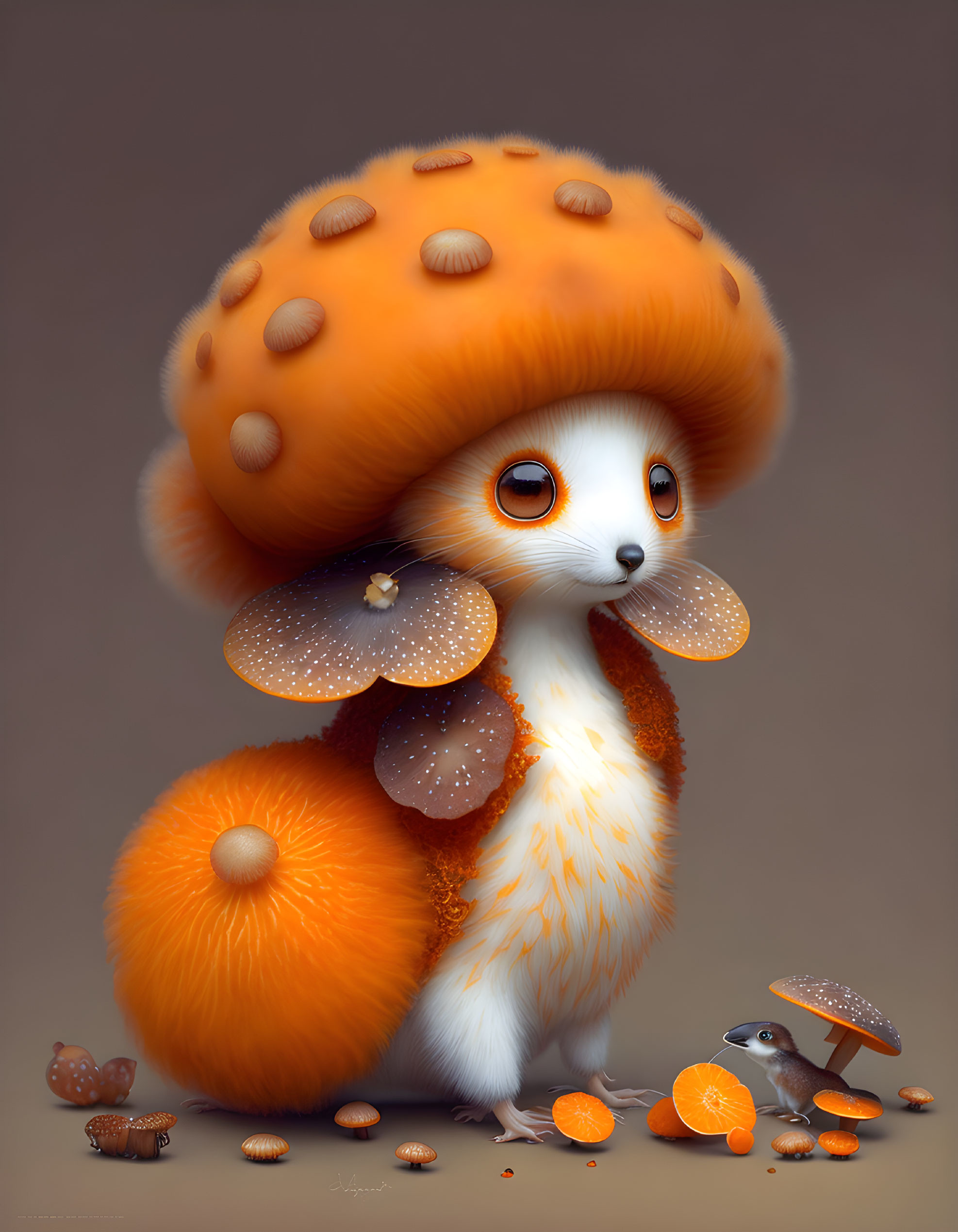 White fur anthropomorphic creature with big eyes, hedgehog-fox mix, mushroom-like growths,