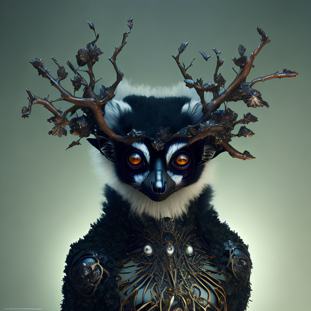 Surreal illustration: Creature with lemur face, orange eyes, and antlers with tiny trees