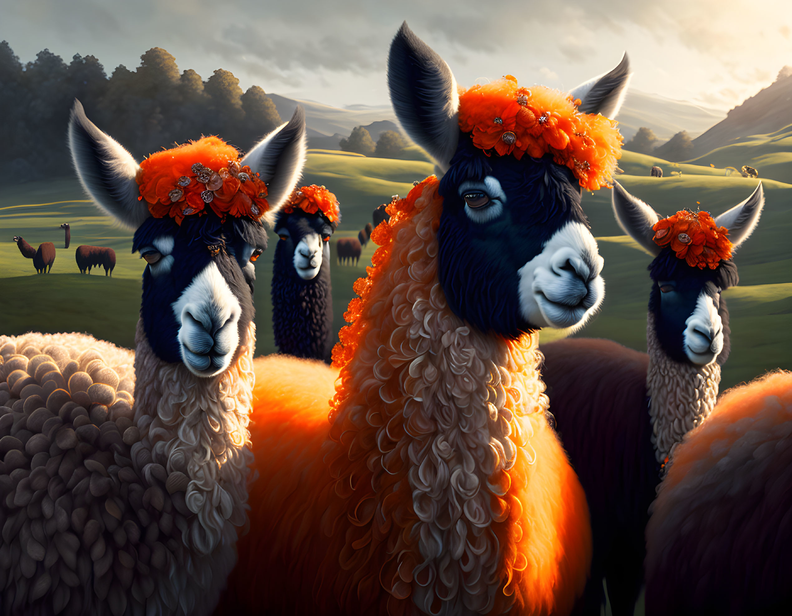 Four llamas wearing orange floral crowns in sunlit field with rolling hills.