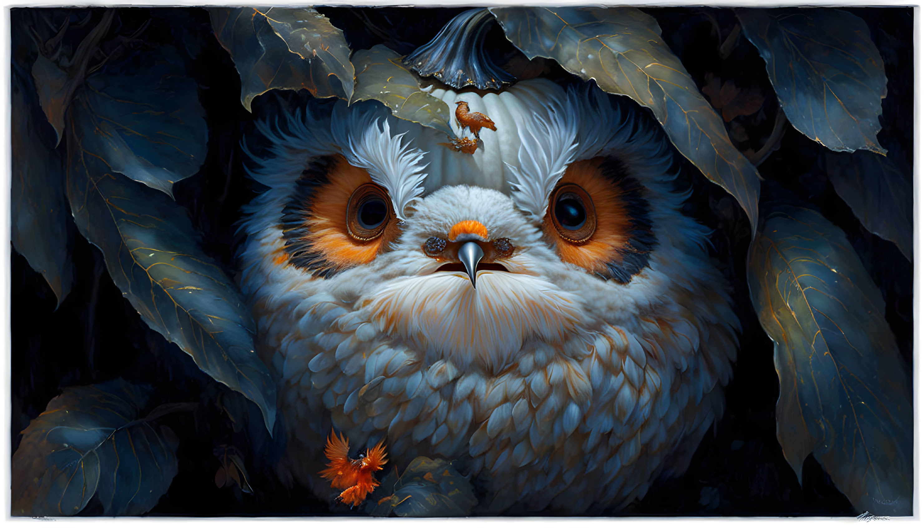 Digital artwork: Owl with orange eyes in dark foliage