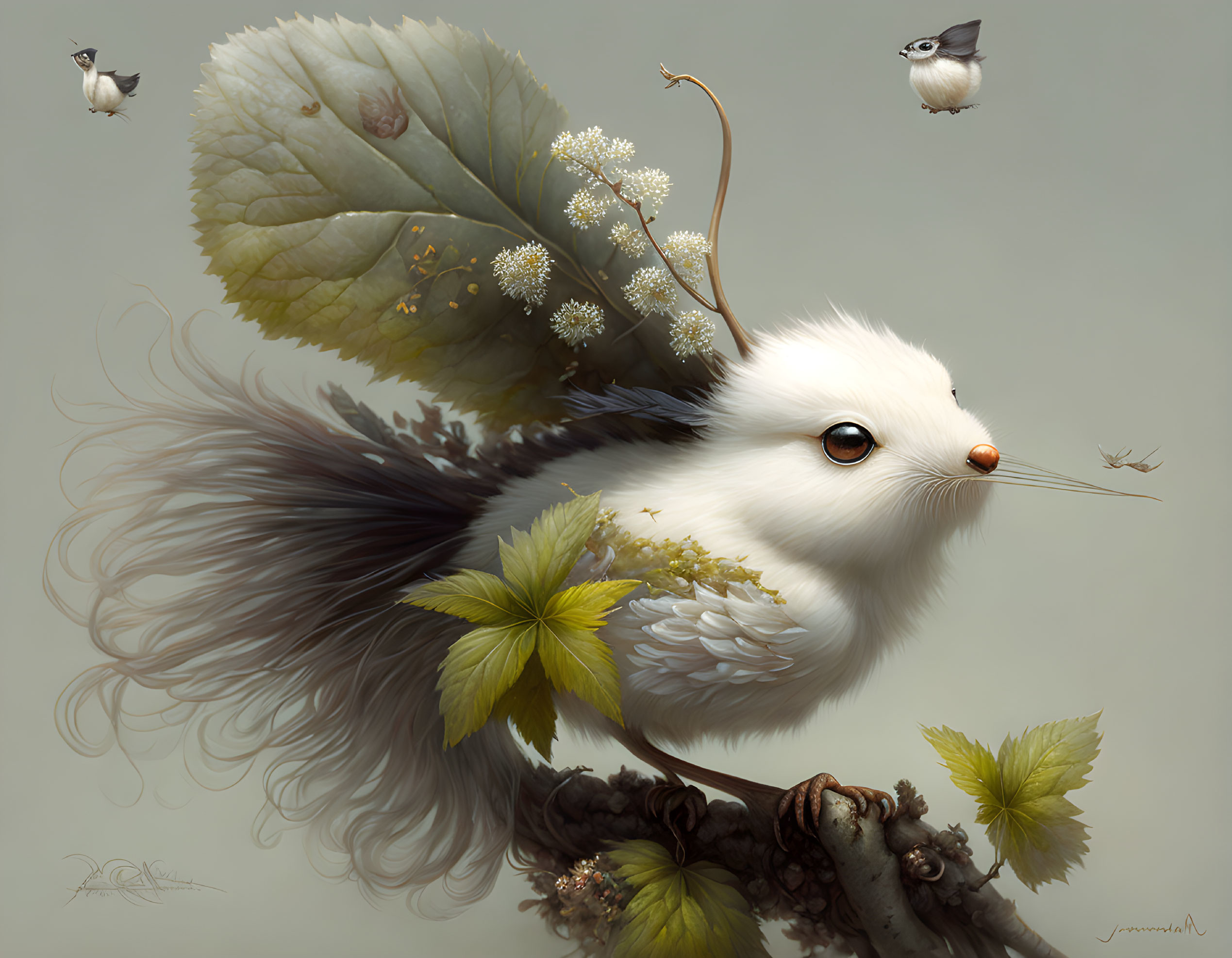 Whimsical creature with white fur, leaf and flower, bird-like tail, perched on branch