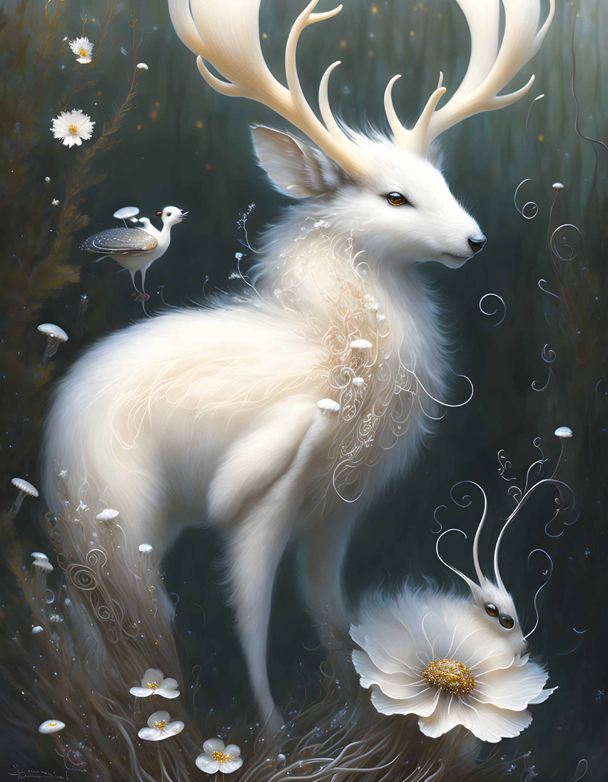 Mystical white stag with antlers in glowing forest scene