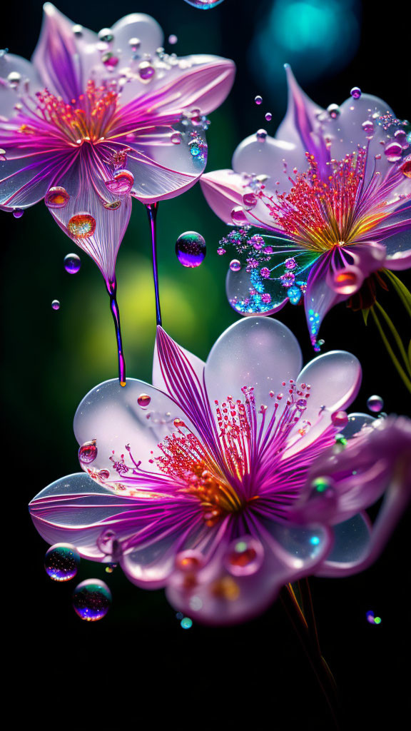 Colorful digital artwork: translucent petal flowers with neon stamen and dewdrops on dark backdrop