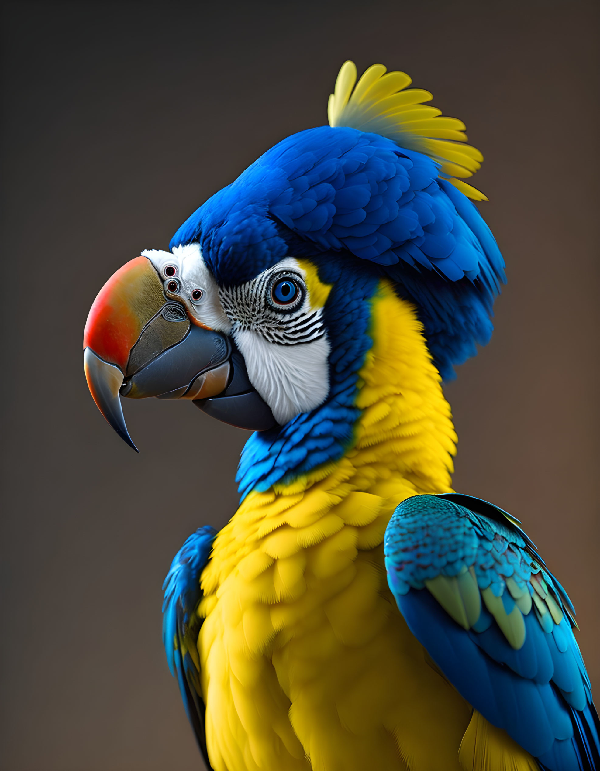 Colorful Blue and Yellow Macaw Portrait on Brown Background