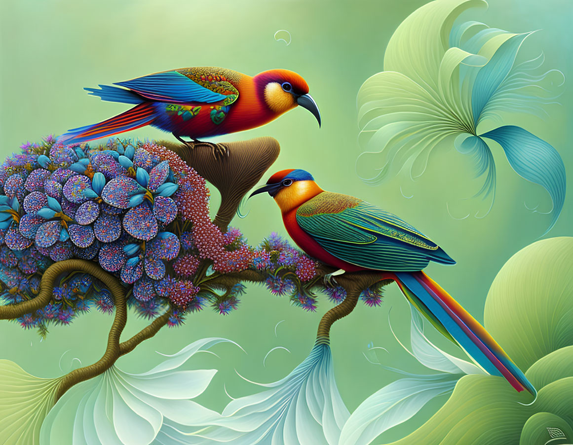 Colorful Birds on Flowering Branch Surrounded by Green Foliage