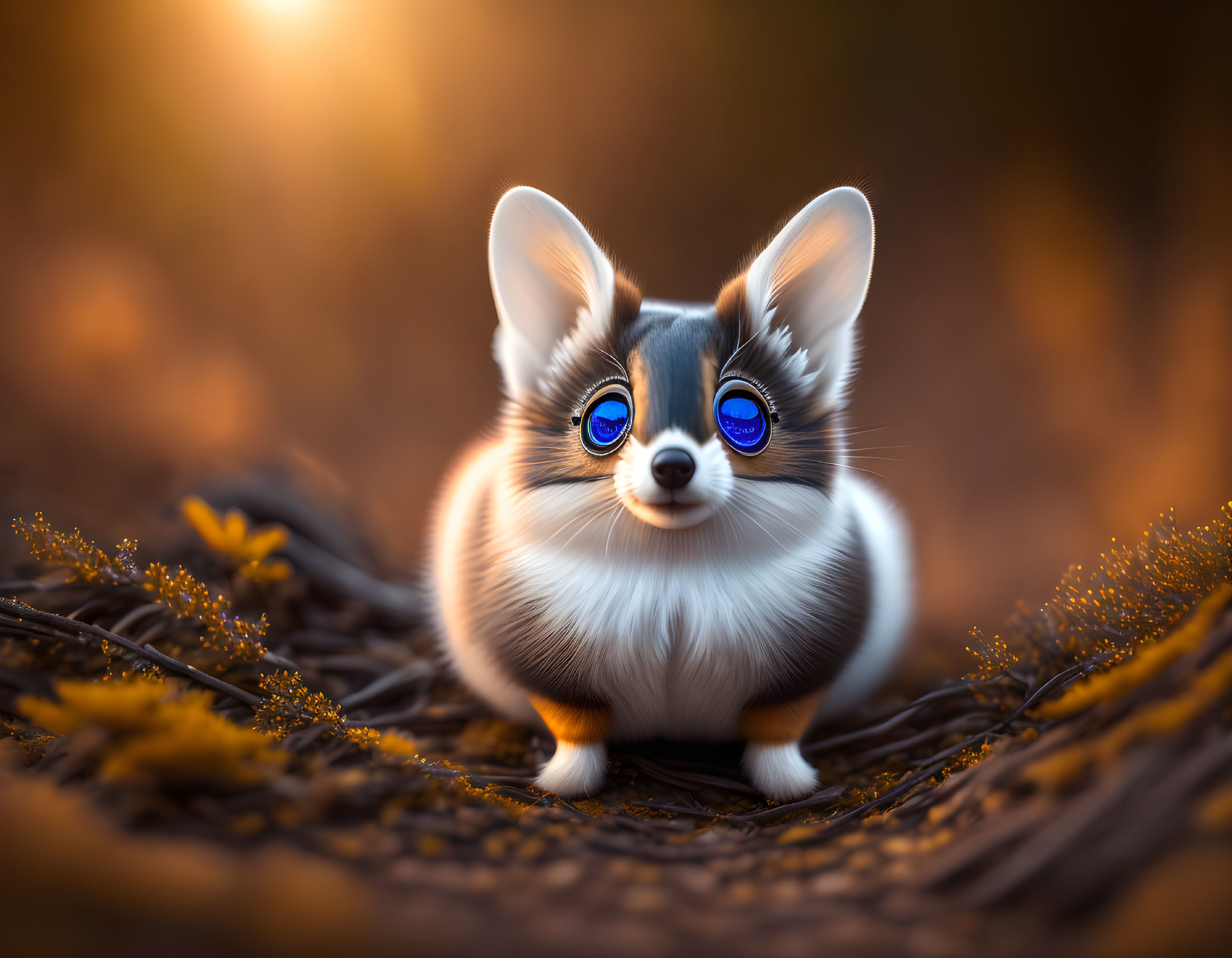 Corgi-fox hybrid with captivating blue eyes in sunlit forest.