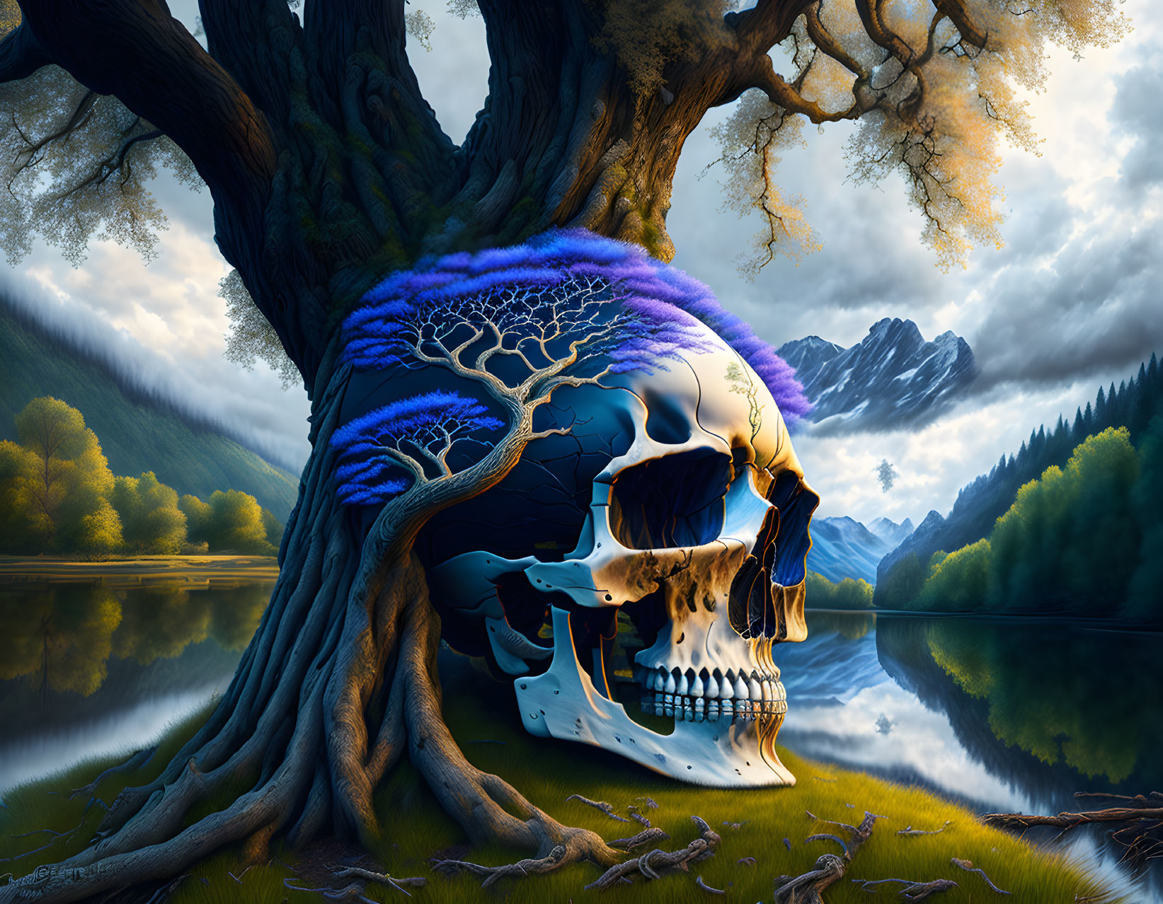 Surreal landscape: skull in tree overlooking lake & mountains