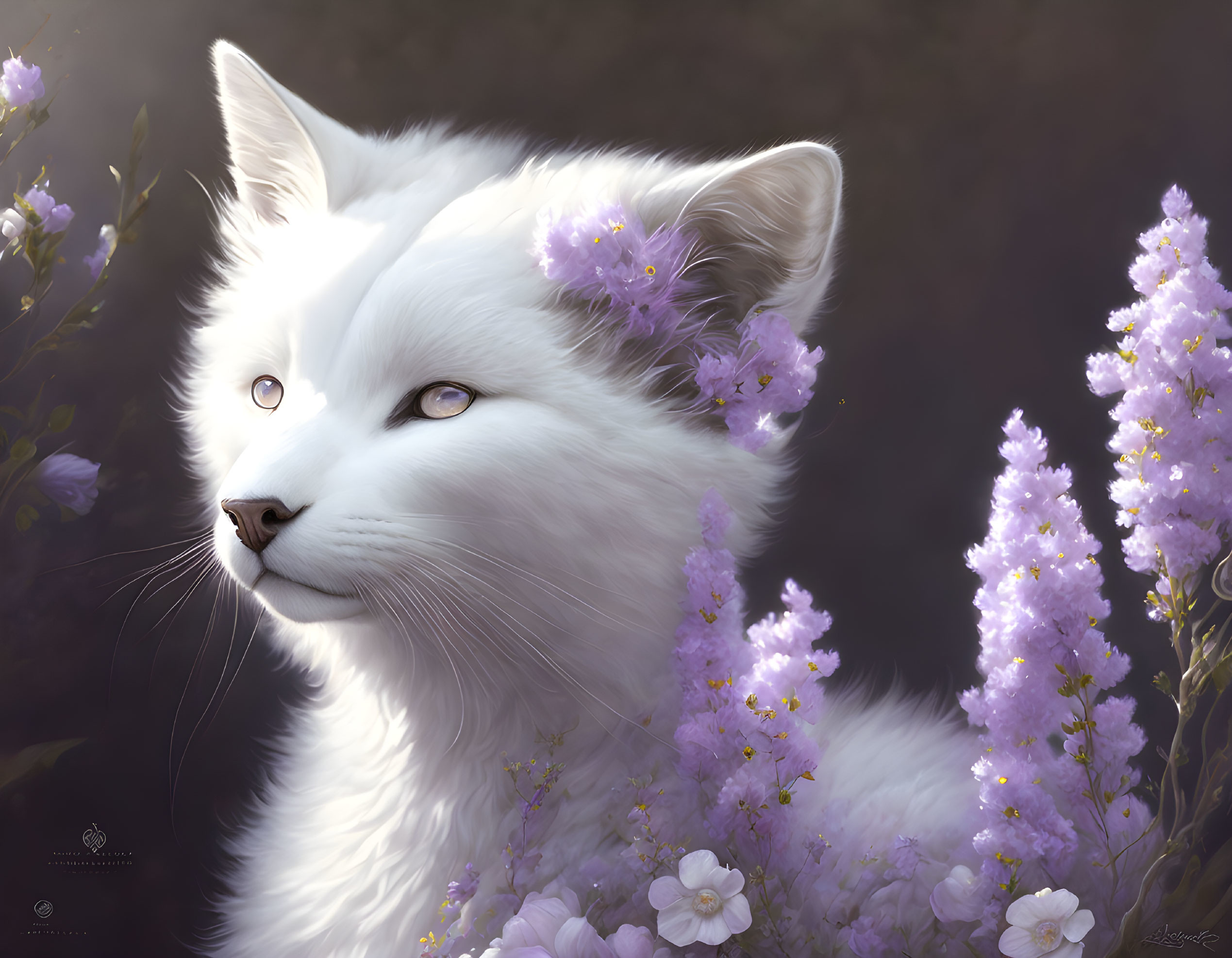 White Cat with Blue Eyes Surrounded by Purple Flowers