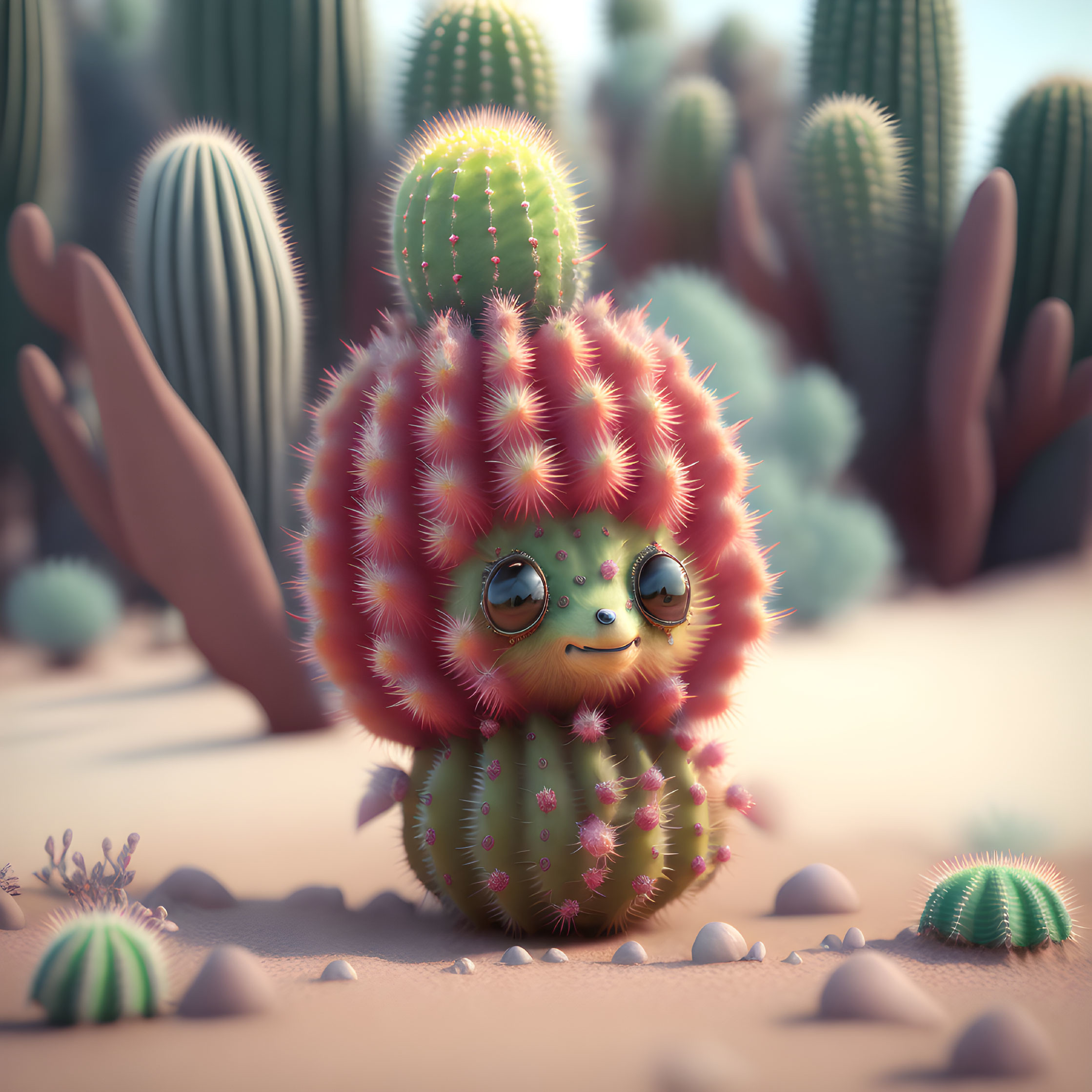 Anthropomorphic cactus in desert flora under soft light