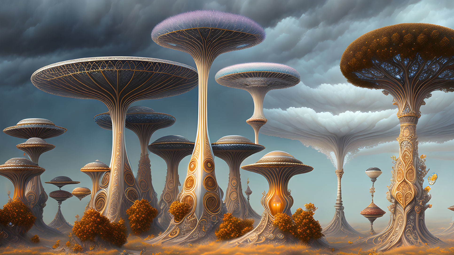 Surreal landscape with towering mushroom-like structures under dramatic sky