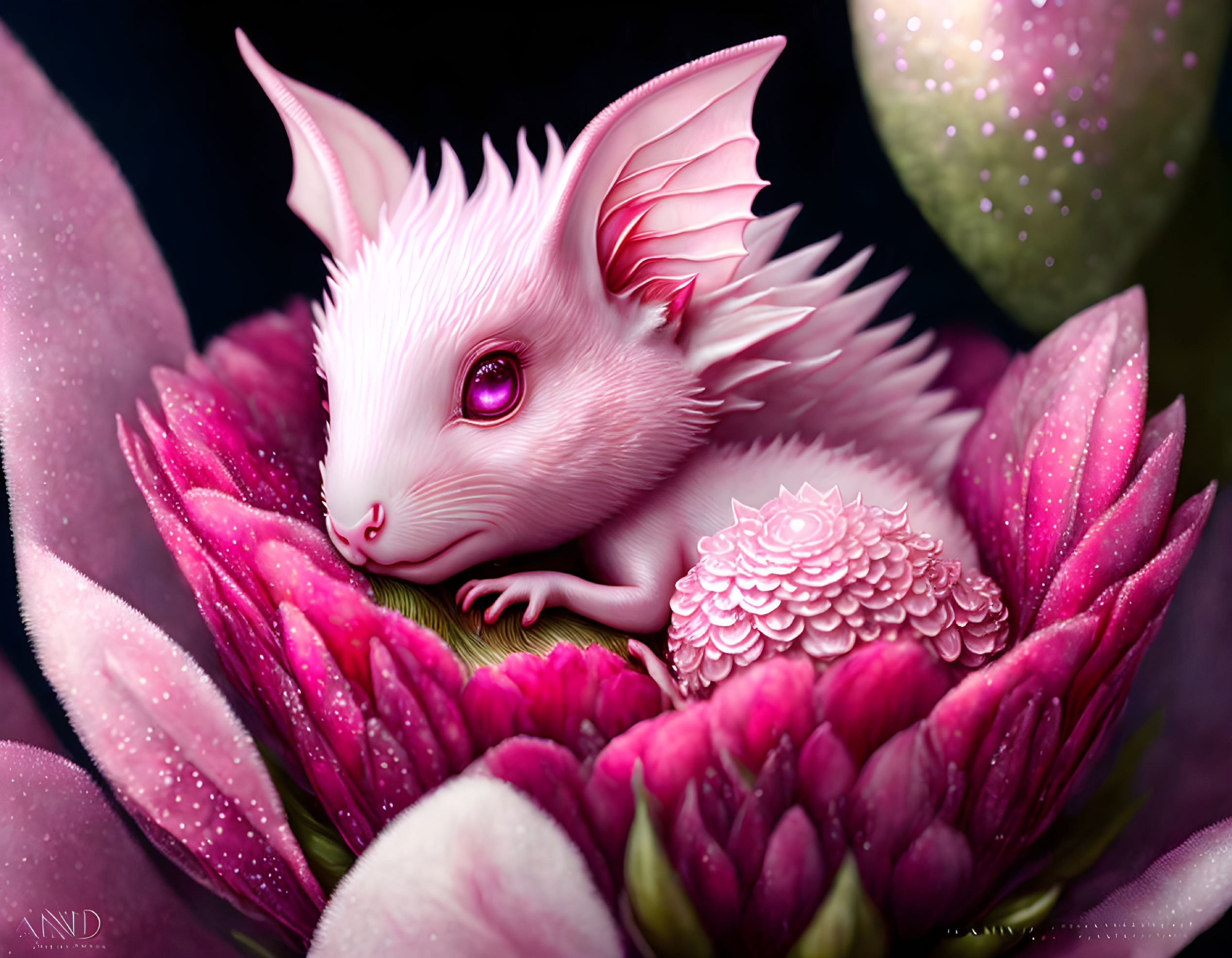 Pink dragon-like creature nestled in vibrant flower petals