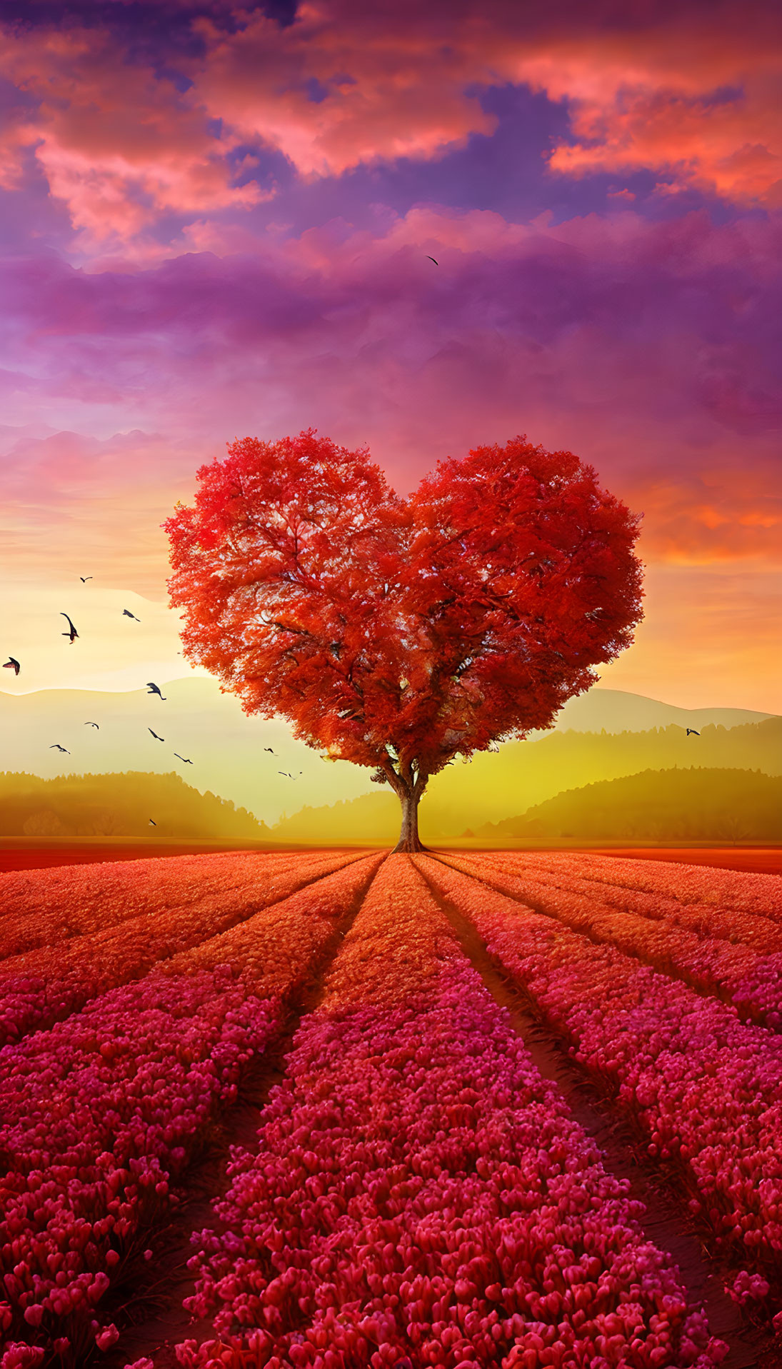 Heart-shaped tree in pink tulip field under sunset sky with flying birds