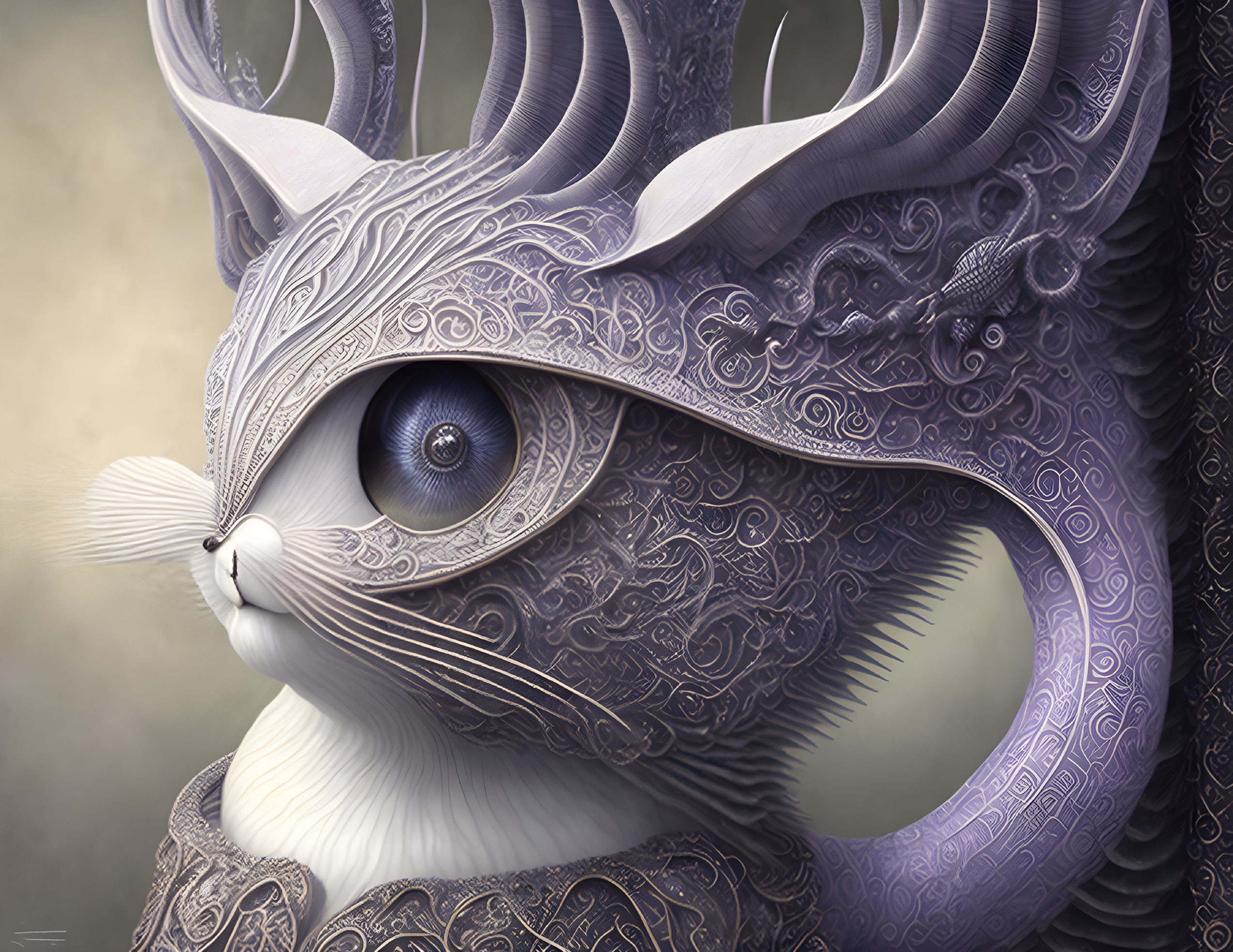 Intricate Cat-Like Creature with Ornate Antlers