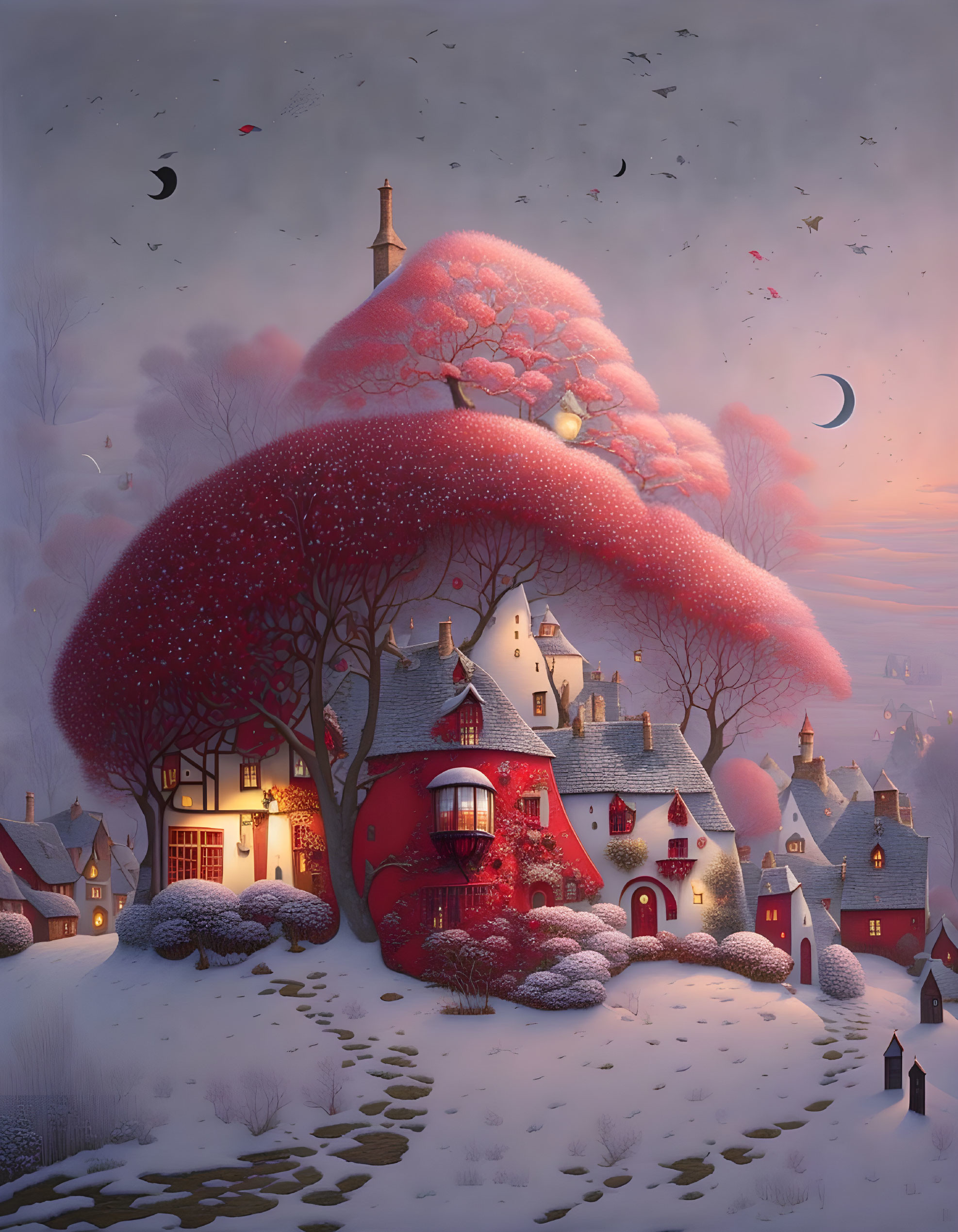 Snowy village illustration with cozy houses, pink tree, glowing windows, crescent moon