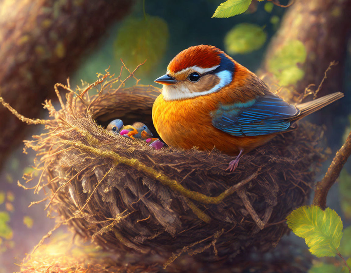 Colorful Bird with Orange, White, and Blue Feathers Beside Nest and Hatchlings in Green