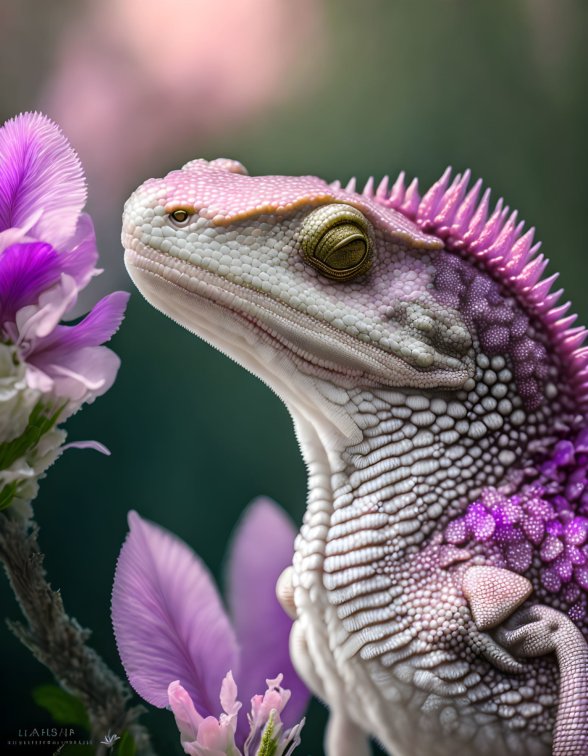 Detailed close-up: White and purple gecko with golden eyes in pink flower setting