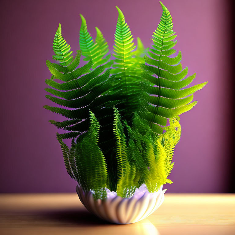 Lush green fern plant in white pot against purple background