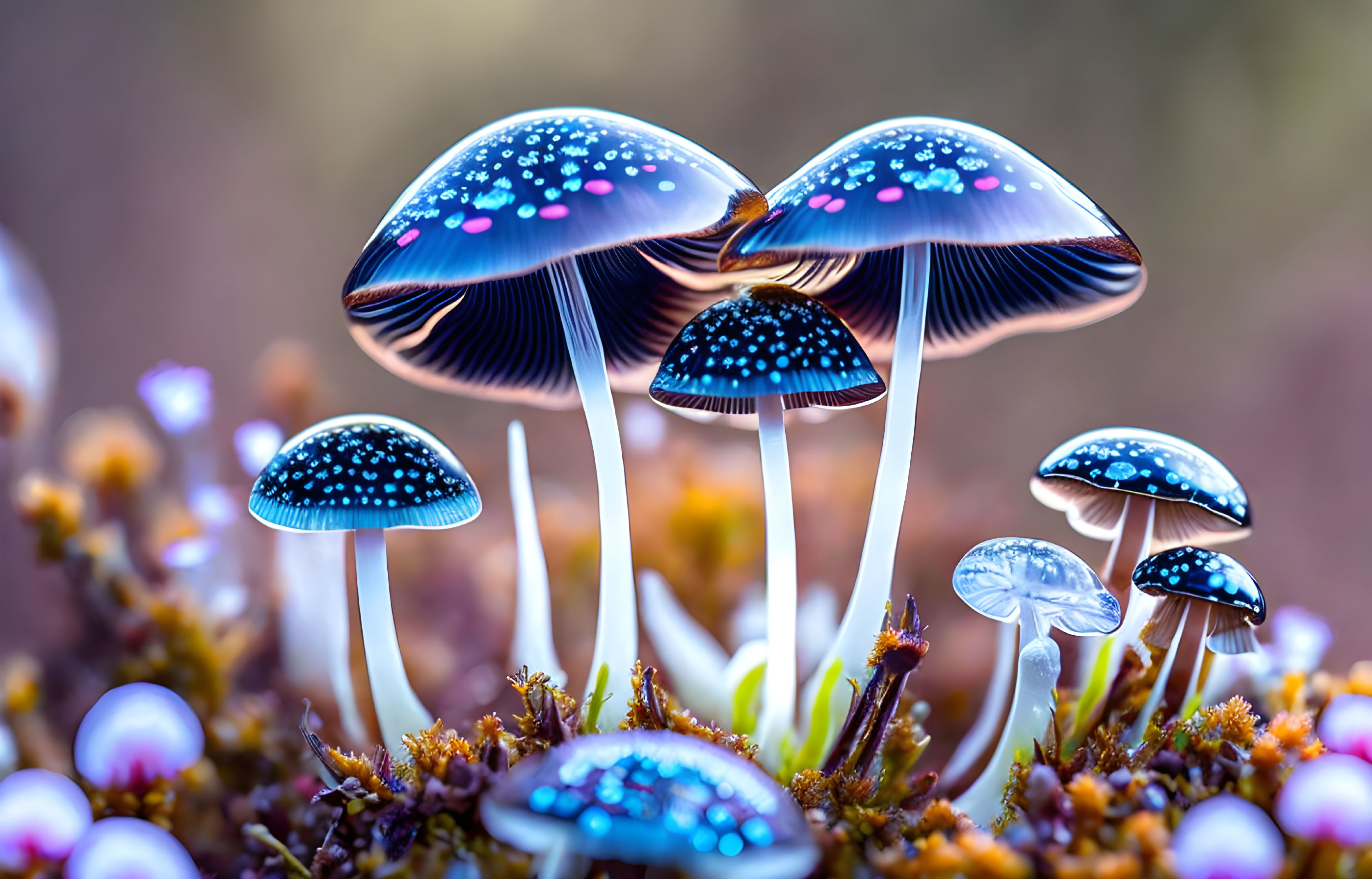 Translucent mushrooms with glowing neon blue dots on caps