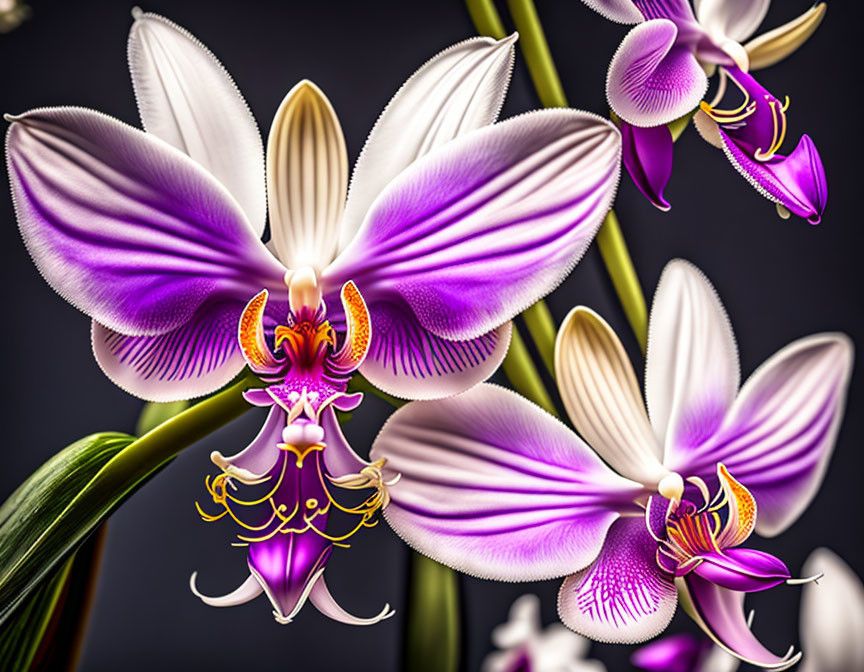 Detailed Close-Up of Vibrant Purple and White Orchids on Dark Background