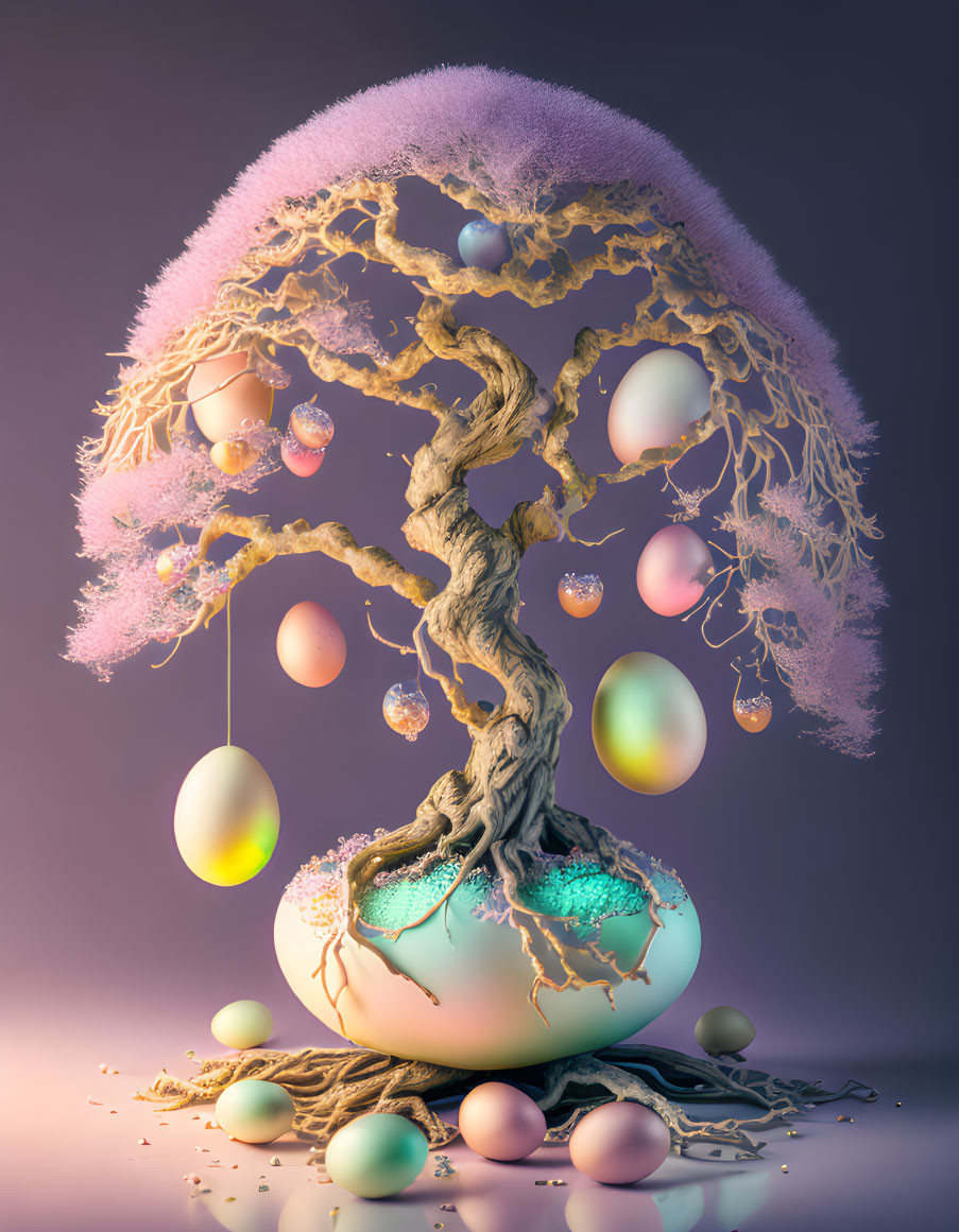 Whimsical bonsai tree with pastel foliage and decorative eggs on cracked egg base