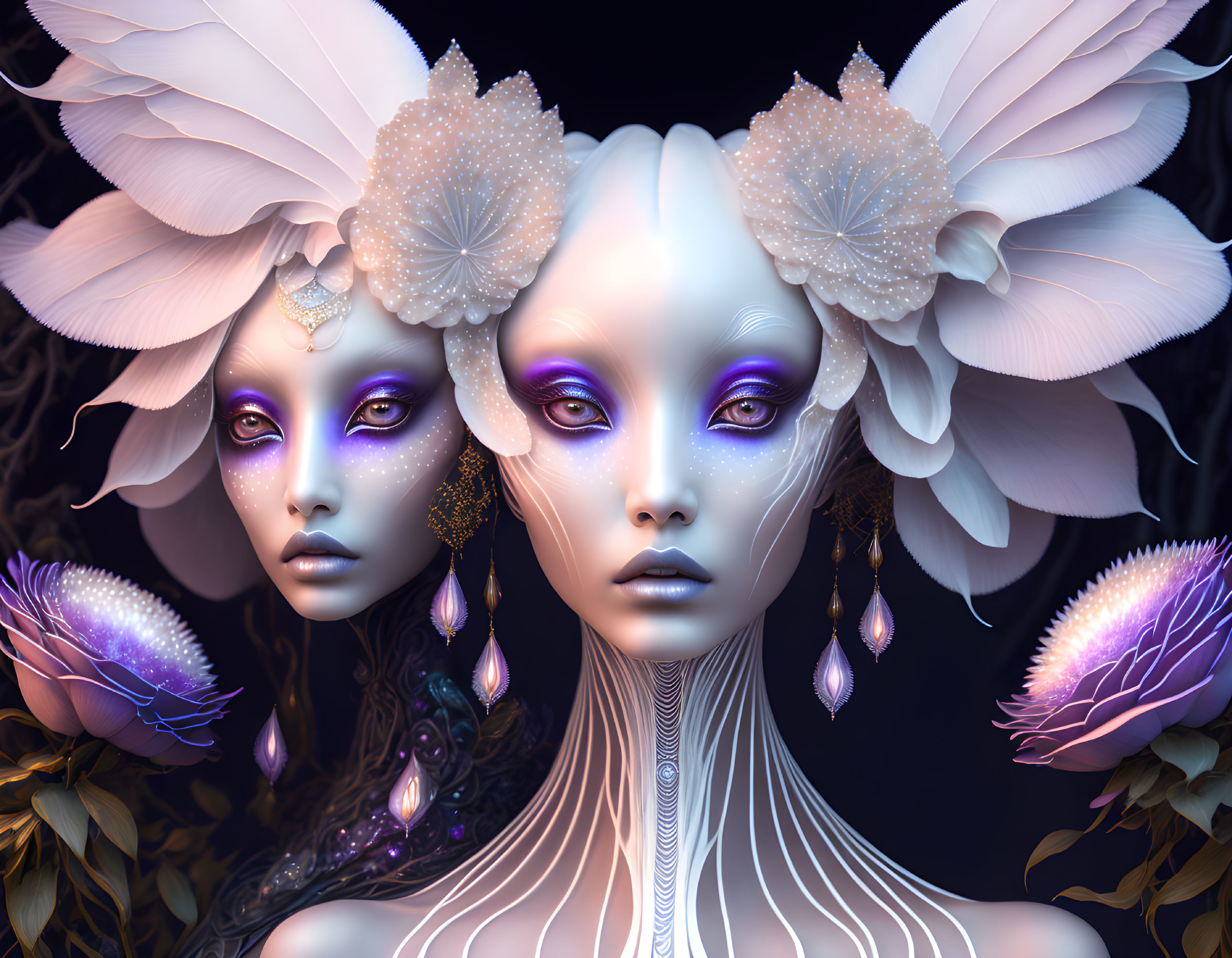 Ethereal figures with pale skin and elaborate floral headpieces on dark floral backdrop